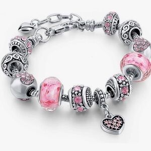 Silver and pink beaded bracelet like Pandora full bracelet 7.5 inches